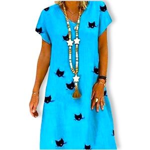 MISSLOOK DRESS Lightweight Casual V Neck Blue Black Cat Faces Womens SZ XL